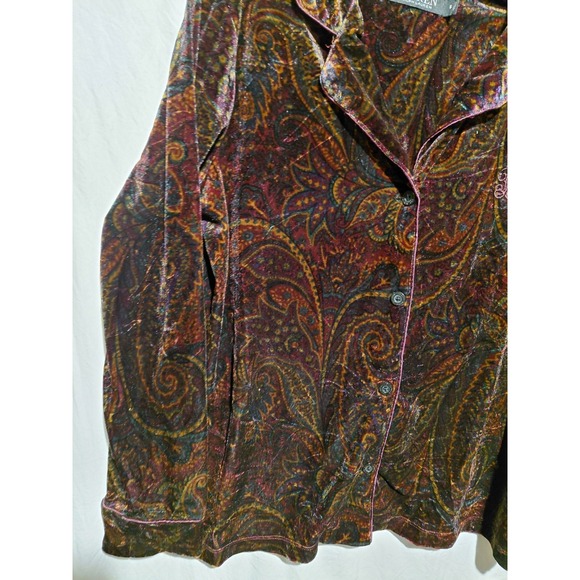 Lauren Ralph Lauren velvet paisley button-up pajama top LRL Embroidery logo Sz S - Picture 7 of 10